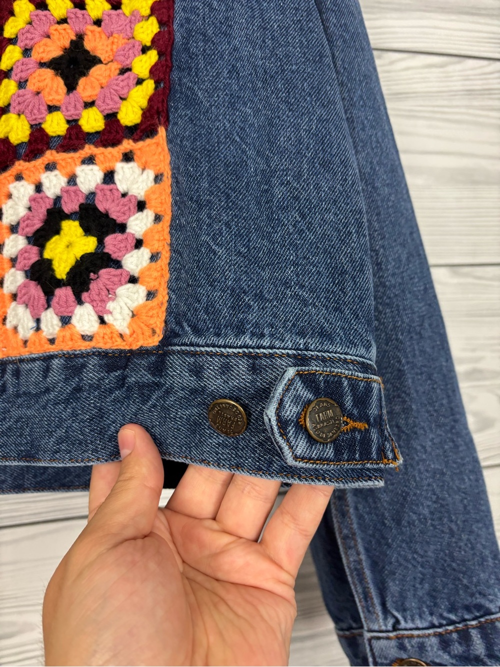 FARM Rio for Anthropologie crochet denim trucker jean jacket size medium boho - Picture 12 of 12